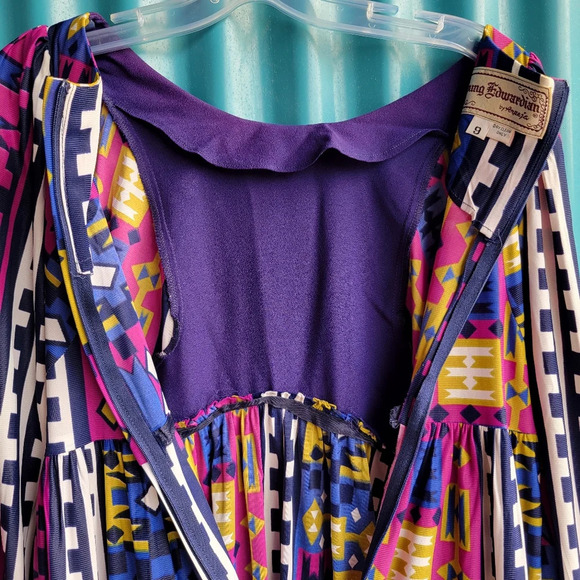 Vintage  Young Edwardian by Arpeja purple mosaic 70s party dress size 9 - Picture 3 of 10